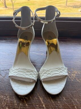 Michael Kors White Croc-Embossed Ankle-Strap Heels with Gold Insole